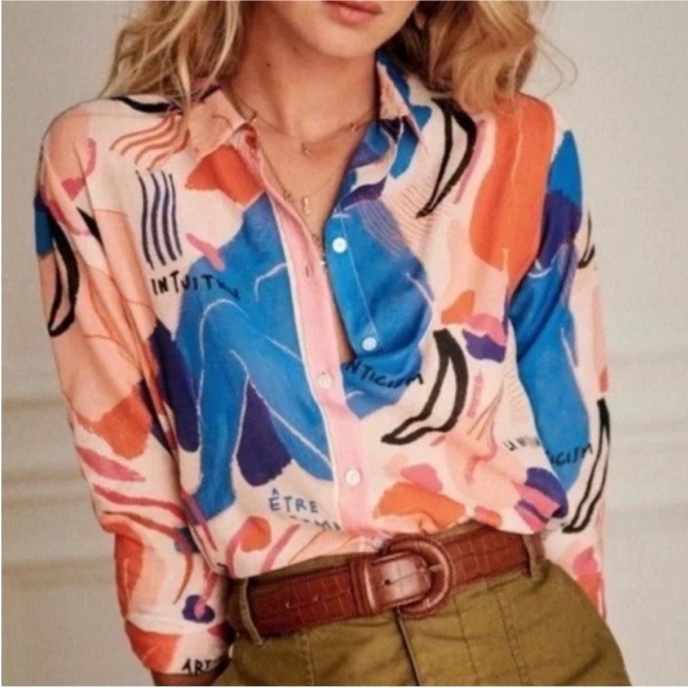 Rare Sezane Pierro button Shirt in Femme silk blue red pink